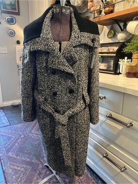 Calvin Klein Black and Gray Herringbone Trench Coat with Ribbed Collar